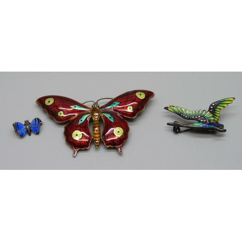 1004 - A silver Charles Horner butterfly brooch, a/f, a .900 silver miniature butterfly brooch, and one oth... 