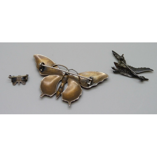 1004 - A silver Charles Horner butterfly brooch, a/f, a .900 silver miniature butterfly brooch, and one oth... 