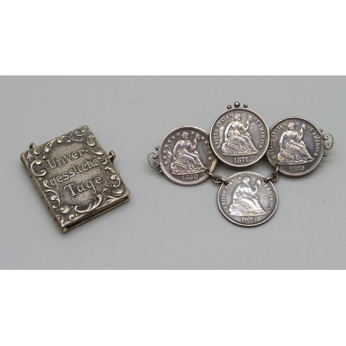 1005 - An Art Nouveau 'Memorable Days' white metal book locket charm, a/f, and a silver American Victorian ... 