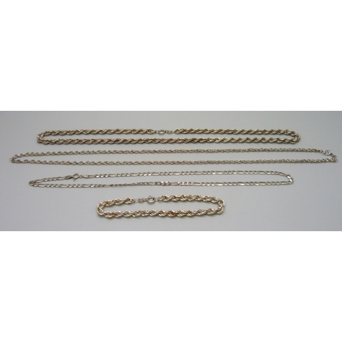 1029 - Three silver neck chains and a silver bracelet, 38g