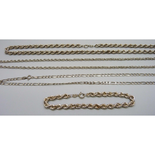 1029 - Three silver neck chains and a silver bracelet, 38g