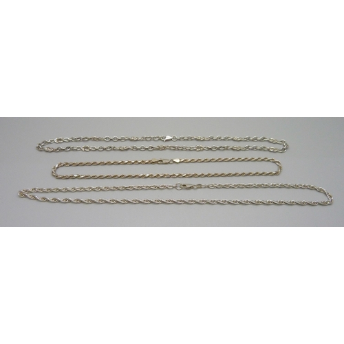 1032 - Three silver neck chains, 45g