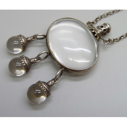 1039 - A white metal and Pools of Light rock crystal necklace, 53g, pendant 7.2cm