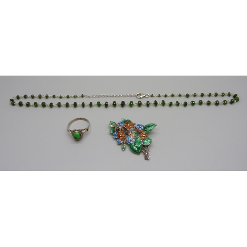 1041 - Silver jewellery including an enamelled brooch and matrix turquoise ring, 21g total