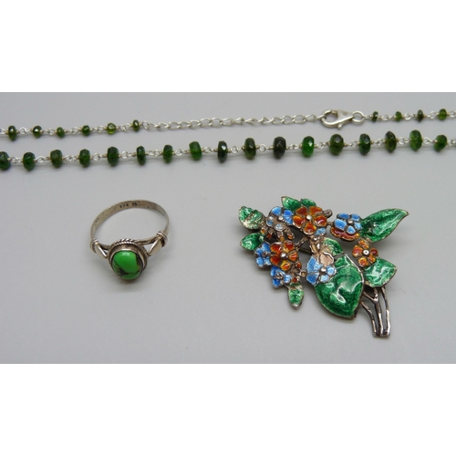 1041 - Silver jewellery including an enamelled brooch and matrix turquoise ring, 21g total