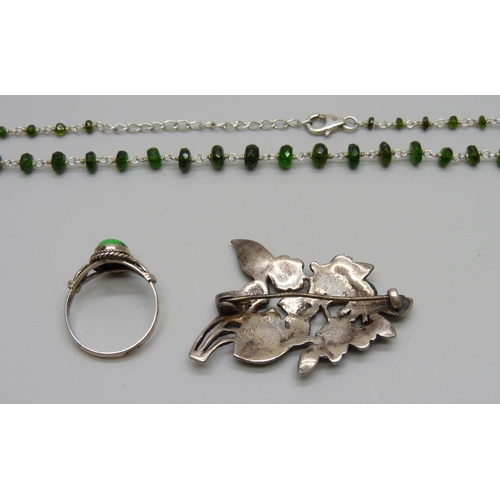 1041 - Silver jewellery including an enamelled brooch and matrix turquoise ring, 21g total