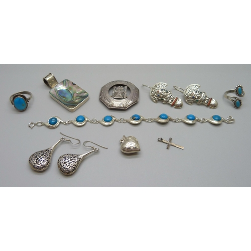 1047 - A collection of South American and other silver jewellery, and a white metal bracelet, 54g