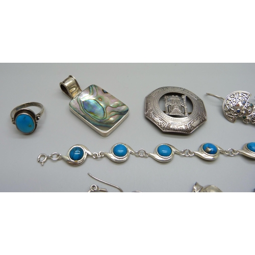 1047 - A collection of South American and other silver jewellery, and a white metal bracelet, 54g