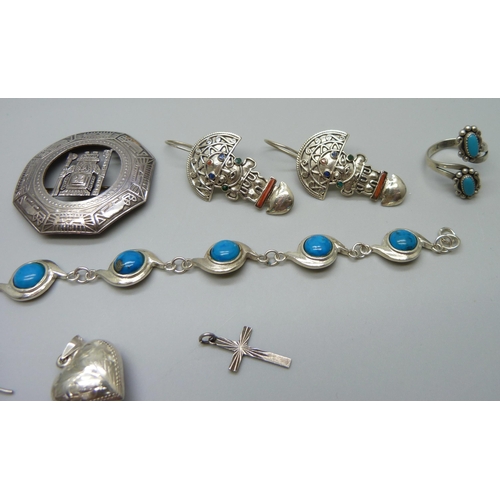 1047 - A collection of South American and other silver jewellery, and a white metal bracelet, 54g