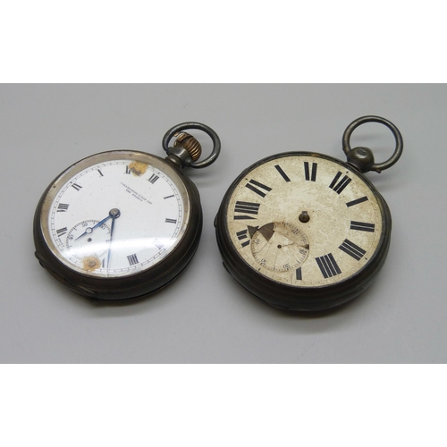 1052 - Two silver pocket watches, London 1870 and Birmingham 1912, a/f