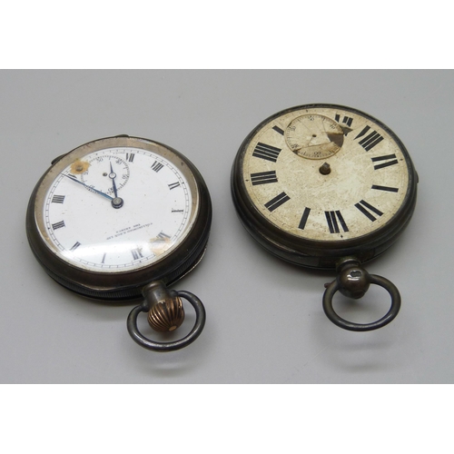 1052 - Two silver pocket watches, London 1870 and Birmingham 1912, a/f