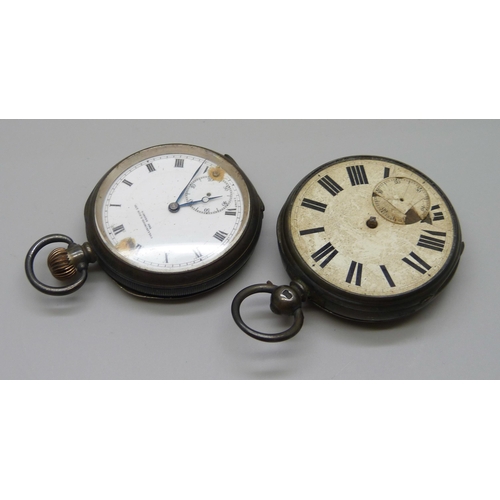 1052 - Two silver pocket watches, London 1870 and Birmingham 1912, a/f