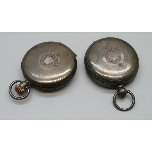 1052 - Two silver pocket watches, London 1870 and Birmingham 1912, a/f