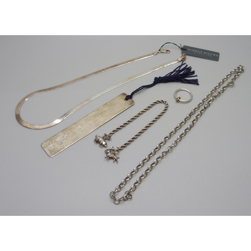 1054 - A silver bookmark, a silver belcher chain and snake chain, 30g, together with a short white metal ch... 