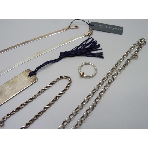 1054 - A silver bookmark, a silver belcher chain and snake chain, 30g, together with a short white metal ch... 