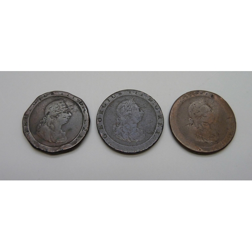 1064 - Three Georgian cartwheel pennies