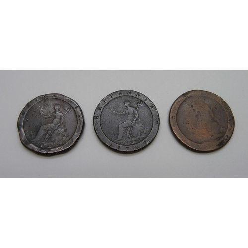 1064 - Three Georgian cartwheel pennies