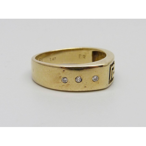 1070 - A 14ct gold Greek key design ring set with three diamonds, 4.5g, N/O