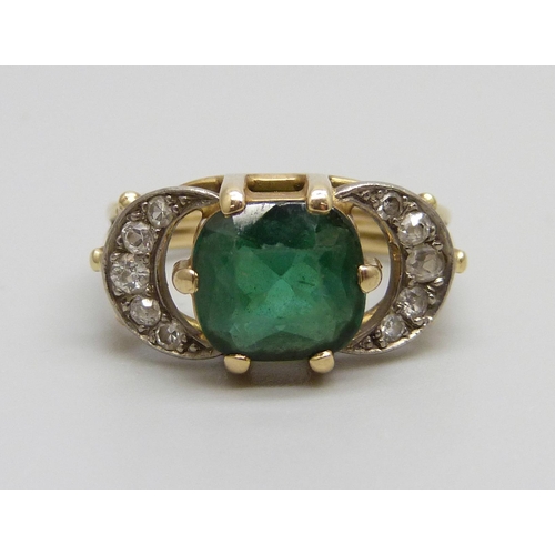 1074 - A 14ct gold, diamond and green stone ring, marked 585, 5.1g