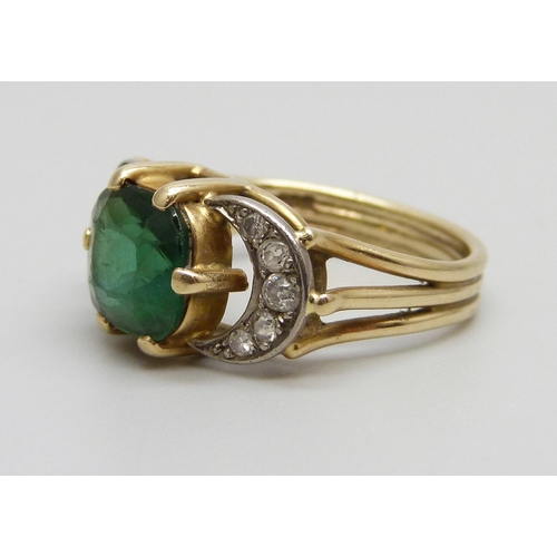 1074 - A 14ct gold, diamond and green stone ring, marked 585, 5.1g