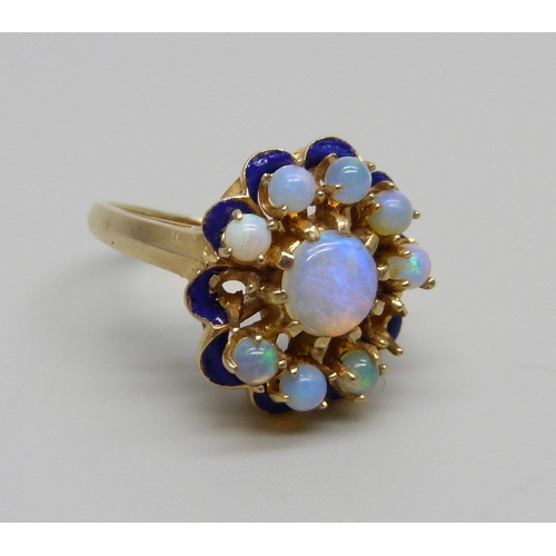 1081 - A 14k gold, opal and enamel ring, two missing opals, 8g, P