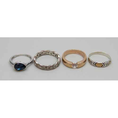 1088 - Three silver rings, 10g, and a plated ring