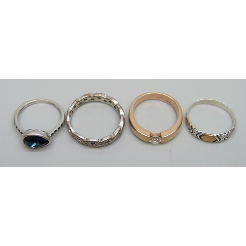 1088 - Three silver rings, 10g, and a plated ring