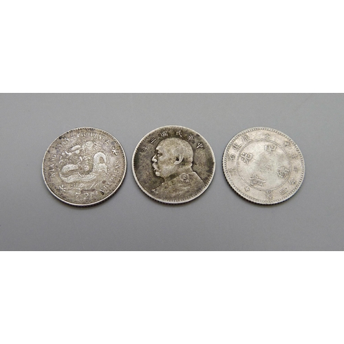 1090 - Three Chinese silver 10 cent coins/Jiao, 1902 Kiang-Nan province 7.2 Candareens, 1890-1908 Kwang-Tun... 