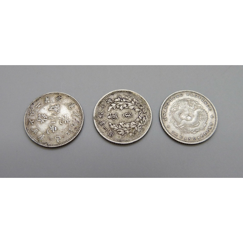 1090 - Three Chinese silver 10 cent coins/Jiao, 1902 Kiang-Nan province 7.2 Candareens, 1890-1908 Kwang-Tun... 