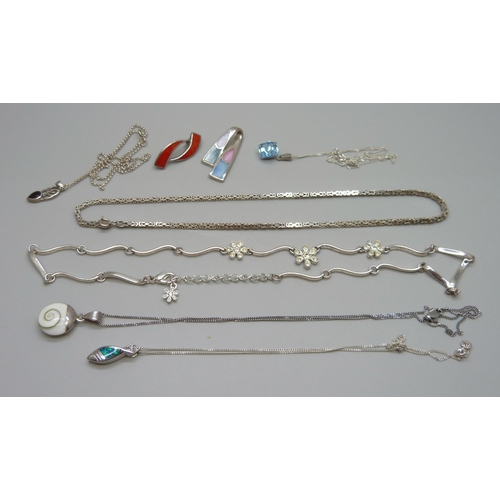 1091 - Four silver pendants and chains, two other silver pendants, a silver neck chain, 39g, and a plated f... 