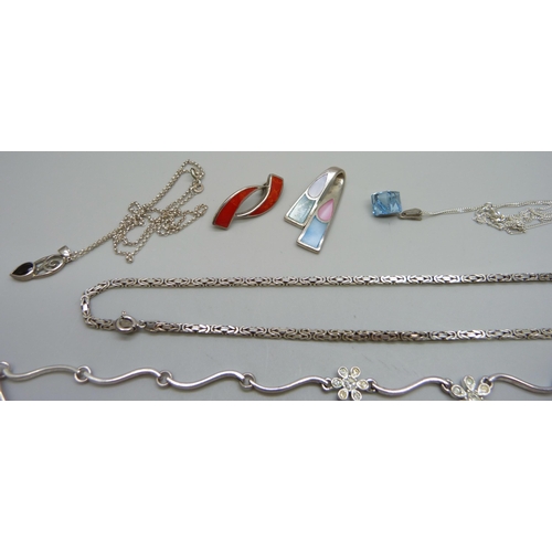 1091 - Four silver pendants and chains, two other silver pendants, a silver neck chain, 39g, and a plated f... 