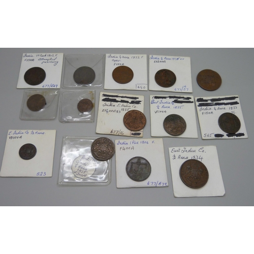 1092 - East India Company coins mainly 19th century Indian coins, ½ Anna 1834, ¼ Anna 1835 (x 3), 1833 and ... 