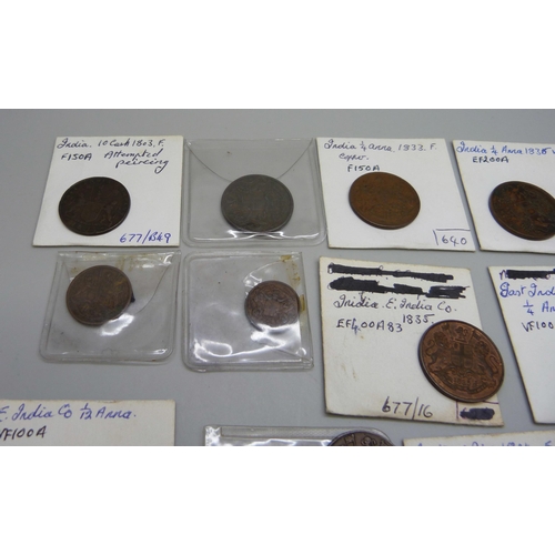 1092 - East India Company coins mainly 19th century Indian coins, ½ Anna 1834, ¼ Anna 1835 (x 3), 1833 and ... 