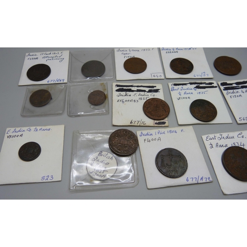 1092 - East India Company coins mainly 19th century Indian coins, ½ Anna 1834, ¼ Anna 1835 (x 3), 1833 and ... 