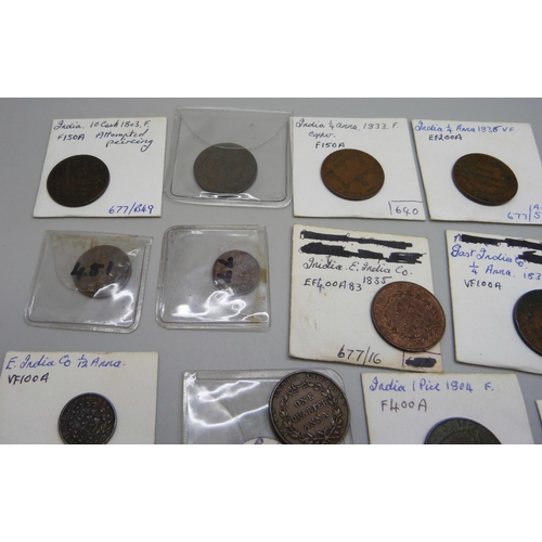 1092 - East India Company coins mainly 19th century Indian coins, ½ Anna 1834, ¼ Anna 1835 (x 3), 1833 and ... 