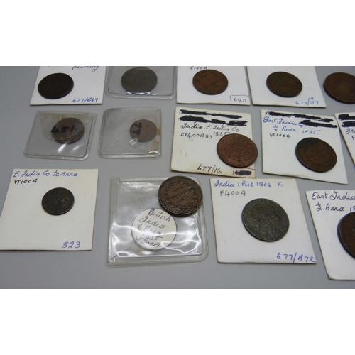 1092 - East India Company coins mainly 19th century Indian coins, ½ Anna 1834, ¼ Anna 1835 (x 3), 1833 and ... 