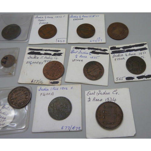 1092 - East India Company coins mainly 19th century Indian coins, ½ Anna 1834, ¼ Anna 1835 (x 3), 1833 and ... 