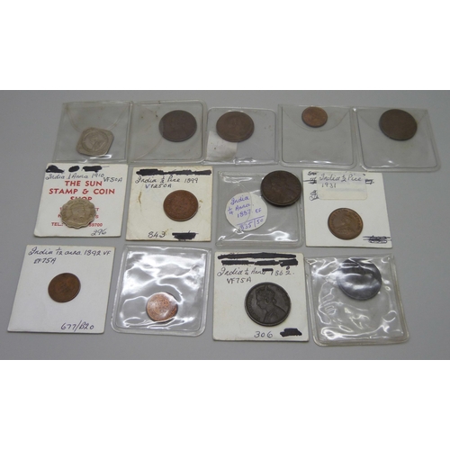 1093 - Indian coin collection, mainly 19th century including 1899 ½ Pice, 1862 ¼ Anna (x2), 1910 silver Ann... 