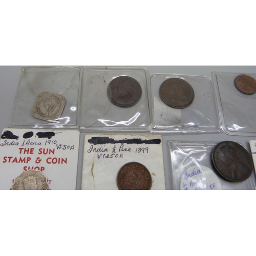 1093 - Indian coin collection, mainly 19th century including 1899 ½ Pice, 1862 ¼ Anna (x2), 1910 silver Ann... 