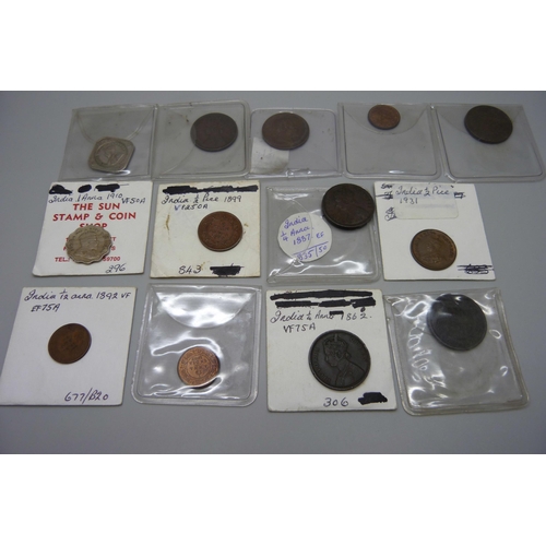 1093 - Indian coin collection, mainly 19th century including 1899 ½ Pice, 1862 ¼ Anna (x2), 1910 silver Ann... 