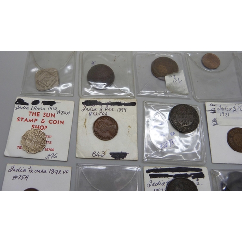 1093 - Indian coin collection, mainly 19th century including 1899 ½ Pice, 1862 ¼ Anna (x2), 1910 silver Ann... 