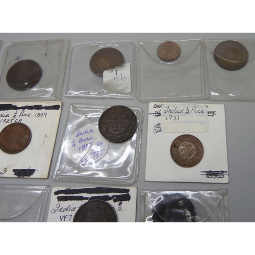 1093 - Indian coin collection, mainly 19th century including 1899 ½ Pice, 1862 ¼ Anna (x2), 1910 silver Ann... 