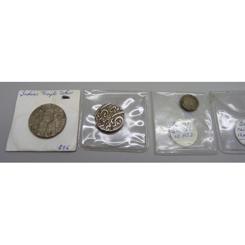 1094 - Indian coins; one silver rupee, cast silver coin, Indian temple token 1928 Chukram, 1952 2 Annas