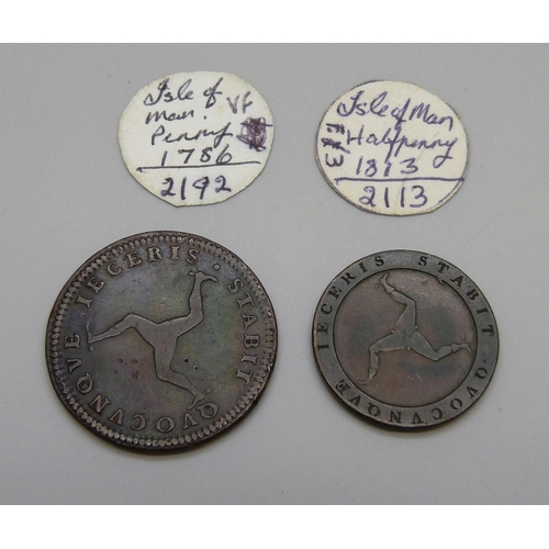 1095 - Isle of Man coins, 1786 penny and 1813 half-penny