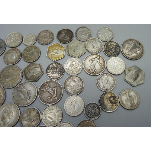 1096 - Silver coins including Irish shillings, 1928, 1931, 1939, 1940, fourteen Swiss half-francs, 1907 and... 