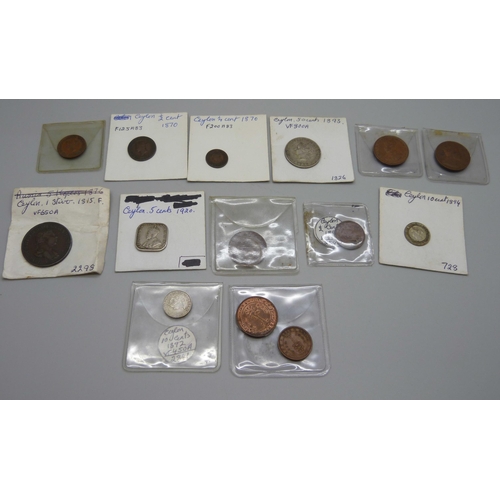 1097 - A collection of Ceylon coins, mainly 19th Century, includes 1920 silver five cents, 1893 silver fift... 