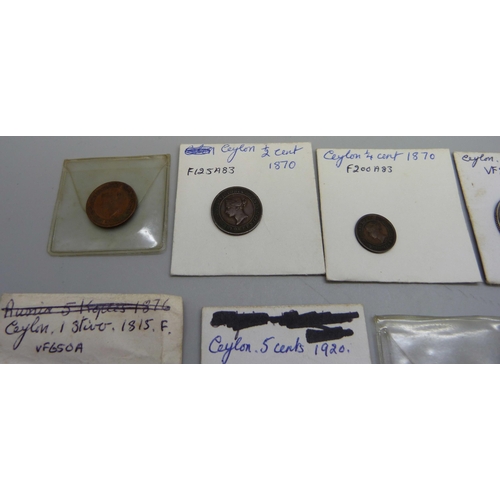 1097 - A collection of Ceylon coins, mainly 19th Century, includes 1920 silver five cents, 1893 silver fift... 