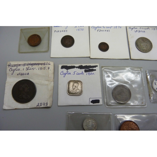 1097 - A collection of Ceylon coins, mainly 19th Century, includes 1920 silver five cents, 1893 silver fift... 