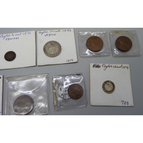 1097 - A collection of Ceylon coins, mainly 19th Century, includes 1920 silver five cents, 1893 silver fift... 