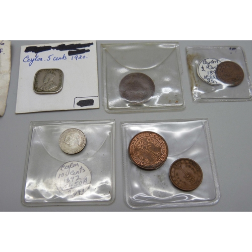 1097 - A collection of Ceylon coins, mainly 19th Century, includes 1920 silver five cents, 1893 silver fift... 